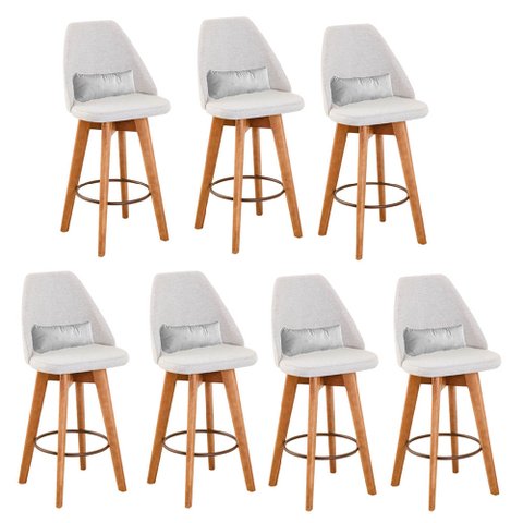Kit 07 Banquetas Alta Maya Giratória Com Encosto Gourmet Linho Bege e Almofada Corino Branco - Gat