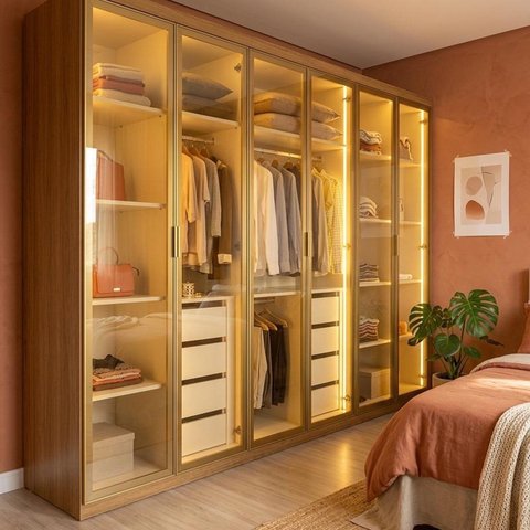 Guarda Roupa Casal 6 Portas 8 Gavetas com Vidro, LED e Cabideiro 271,5x234x57cm