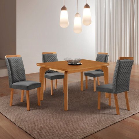 Mesa de Jantar Liz 120cm Tampo MDF Laminado Canto Copo com 4 Cadeiras Lorena