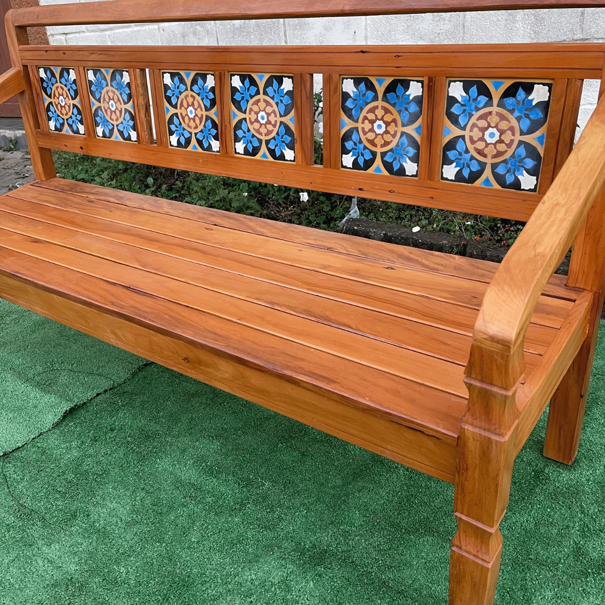 Banco Namoradeira 3 Lugares Ladrilho Azul Madeira Peroba Rosa Sudeste Rústico - 7