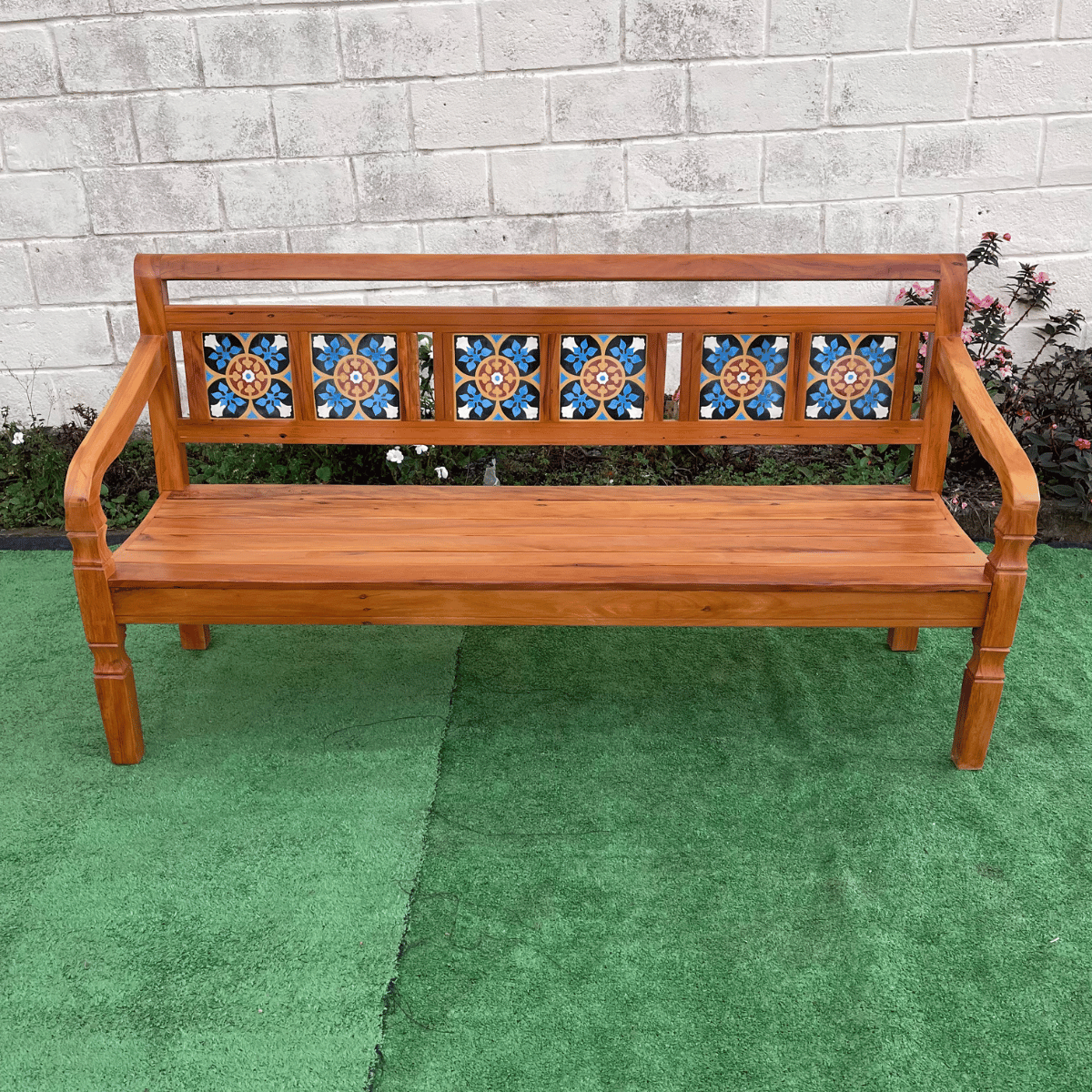 Ver imagem 6 de Banco Namoradeira 3 Lugares Ladrilho Azul Madeira Peroba Rosa Sudeste Rústico