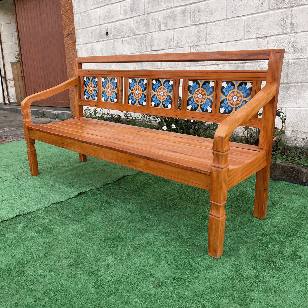 Banco Namoradeira 3 Lugares Ladrilho Azul Madeira Peroba Rosa Sudeste Rústico - 5