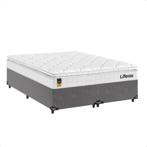 Cama Box Casal Bipartido Cinza+Colchão Life D33 Pillow Top Branco 56x138x188cm- e-Shop Casa