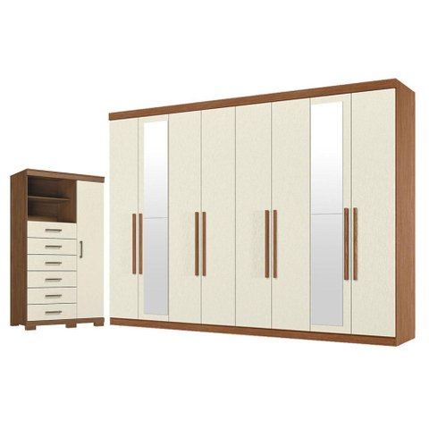 Guarda Roupa Casal 8 Portas 4 Gavetas Master New com Espelho e Cômoda Marabá com Pés Jatobá