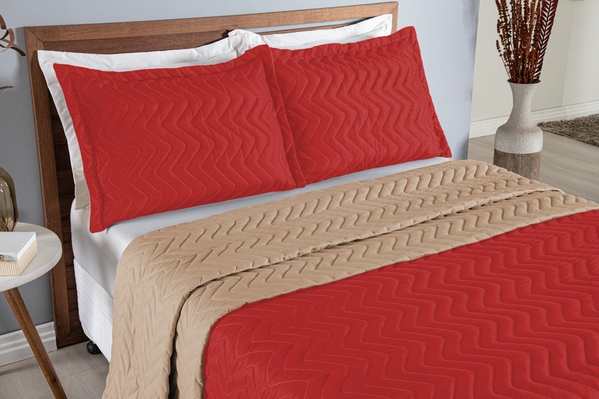 Colcha Cobre Leito Cama King 3 Pç Dupla Face Acolchoado Microfibra Vermelho e Bege - 2