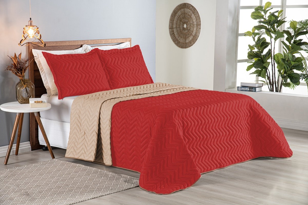 Colcha Cobre Leito Cama King 3 Pç Dupla Face Acolchoado Microfibra Vermelho e Bege