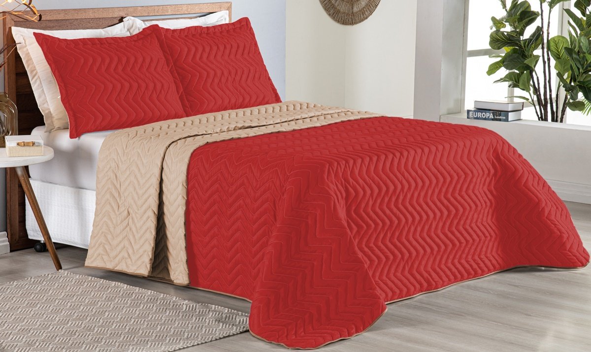 Colcha Cobre Leito Cama King 3 Pç Dupla Face Acolchoado Microfibra Vermelho e Bege - 3