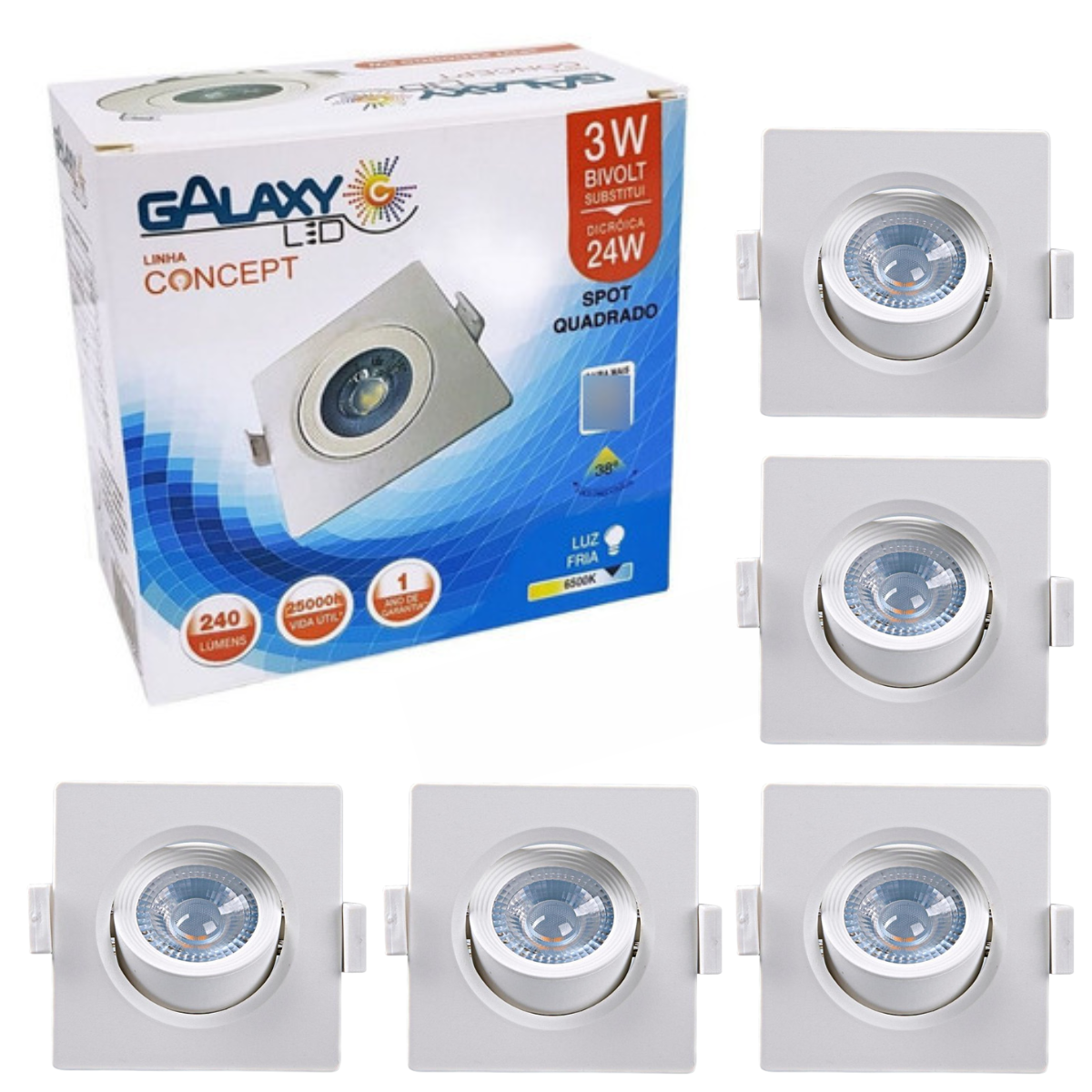 Kit 05 Spot Embutir Quadrado Galaxy Direcional Branco 6500k 3w 7cm