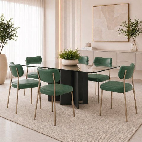 Kit 6 Cadeiras Sala de Jantar Lisa Pés Champanhe PU Verde m² - Monari Design