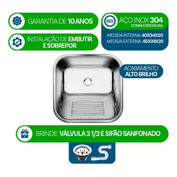 5 Tanque Inox 40x34x20 Aço 304 Cozinha As Atacado Kit - 2