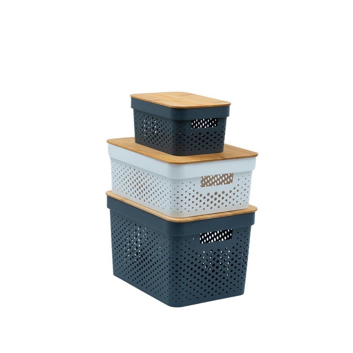 Kit 3 caixas organizadoras multiuso empilhável com tampa de bambu poá 3,5L e 18L cinza e 10L branca - 1