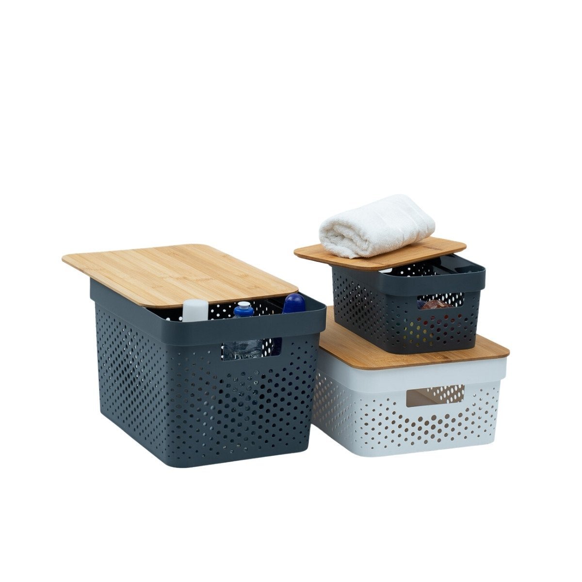 Kit 3 caixas organizadoras multiuso empilhável com tampa de bambu poá 3,5L e 18L cinza e 10L branca - 2
