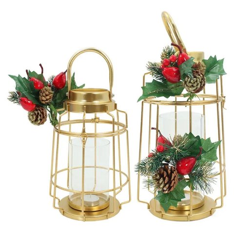 Kit 2 Lamparinas Natalinas Douradas 30cm e 36cm Decorada Metal