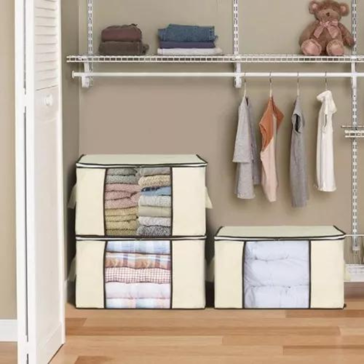 Caixa Organizadora de Roupa de Cama Organiz em Tnt com Tampa e Visor 60x45x30cm 5un Cor:bege - 6