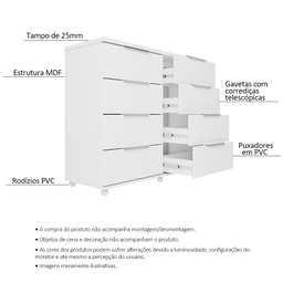 Cômoda para Quarto 8 Gavetas com Rodízios Athenas Branco - Saga Decor - 3