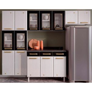 Kit de Cozinha Modulada 4pçs 5 Portas Vidro 2 Armários 1 Balcão 1 Paneleiro Branco/preto Telasul