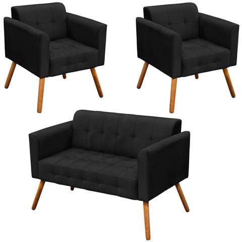 Conjunto 2 Poltronas e 1 Namoradeira Pés Palito Karen Suede Preto - Gran Belo
