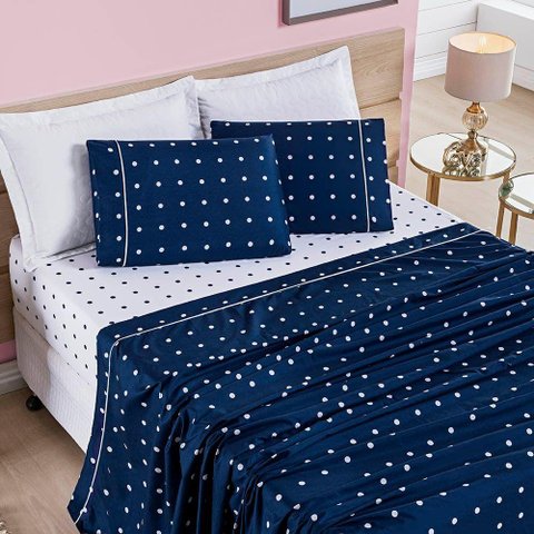 Jogo de Cama Lençol Celine Solteiro 03 Peças Micropercal 200 Fios Bolinhas - Azul Marinho