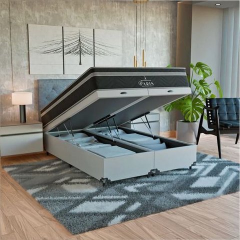 Cama Box Baú Casal Bipartido + Colchão Paris Molas Preto Couro Branco/preto