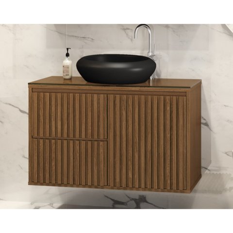 Gabinete Banheiro Ripado 80cm Cuba Preta Suspenso