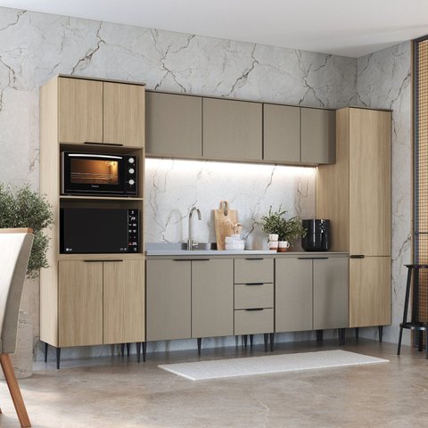 Cozinha Completa Modulada 6 Peças com Paneleiro e Torre Quente Lavínia Marrom/Imperial/Fumê