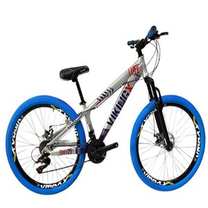 Bicicleta Vikingx Prata Azul Aro 26 Câmbios Shimanos Aro Vmaxx Pneu Azul