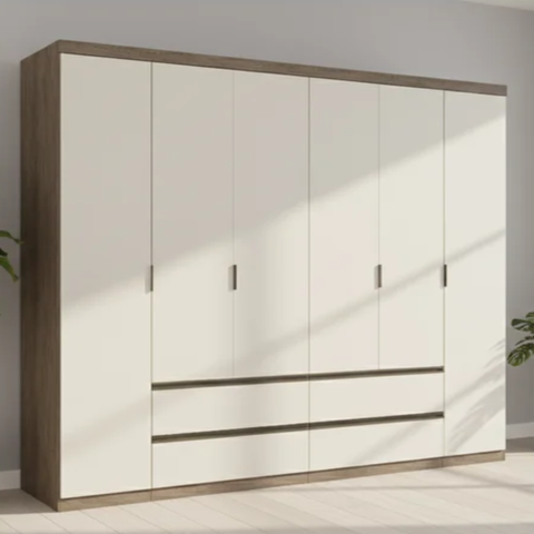 Guarda-Roupa 6 Portas 4 Gavetas 100% MDF 250cm x 230cm x 55cm Nobre Off White/Rustic