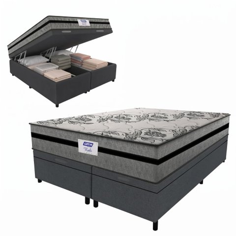 Cama Box Baú Casal King Colchão Gazin com Molas Ensacadas Rubi 193x203x73cm Suede Cinza/Preto