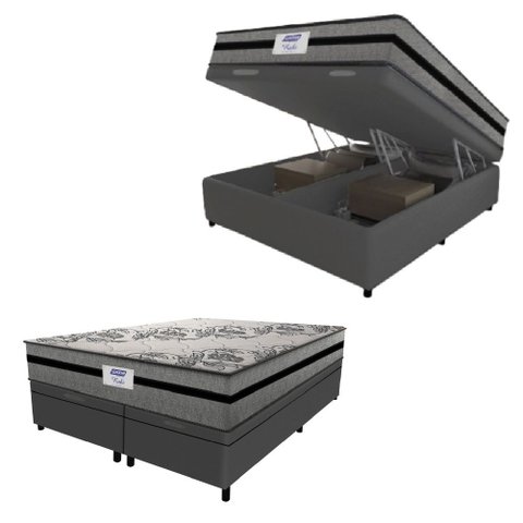 Cama Box Baú Casal King Colchão Gazin com Molas Ensacadas Rubi 193x203x73cm Suede Cinza/preto