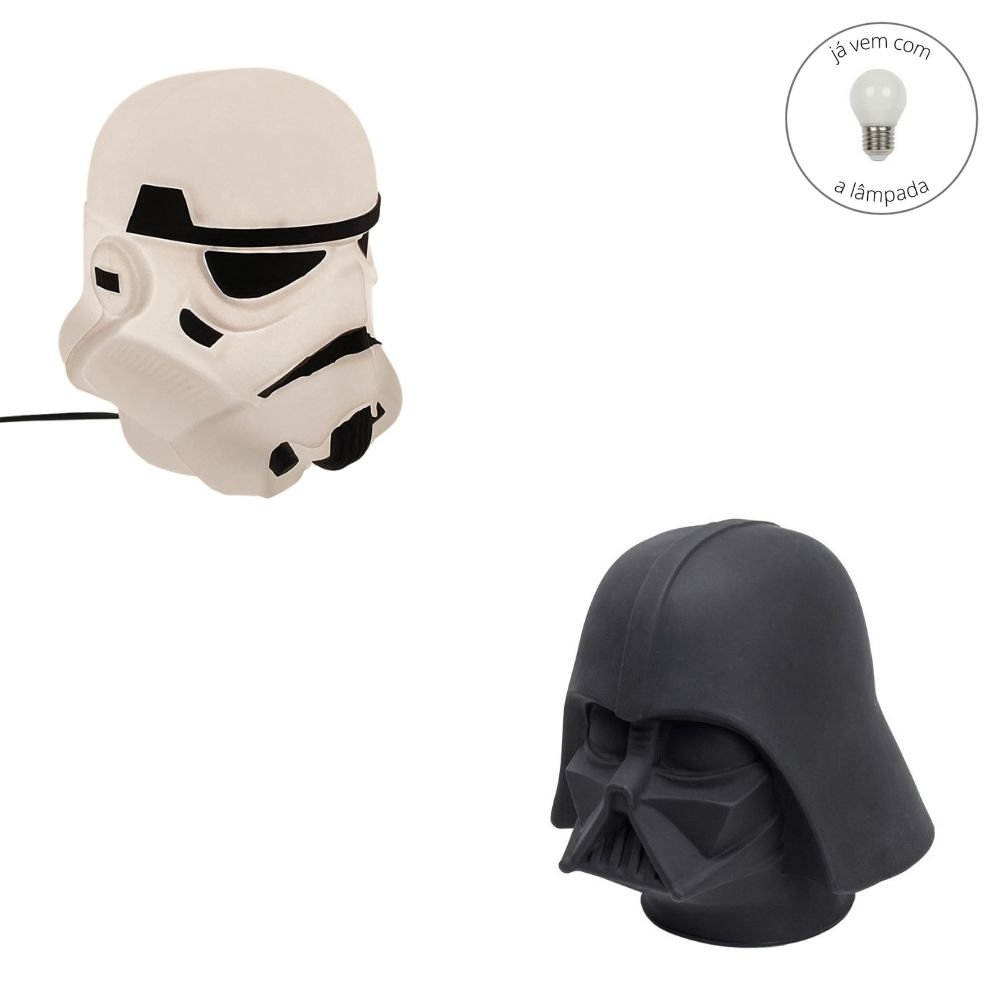 Kit Luminárias Abajur Darth Vader e Stormtrooper Personagem Star Wars Disney Geek com lâmpada LED - 2