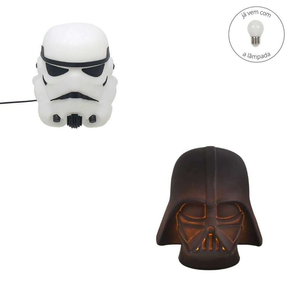 Kit Luminárias Abajur Darth Vader e Stormtrooper Personagem Star Wars Disney Geek com lâmpada LED