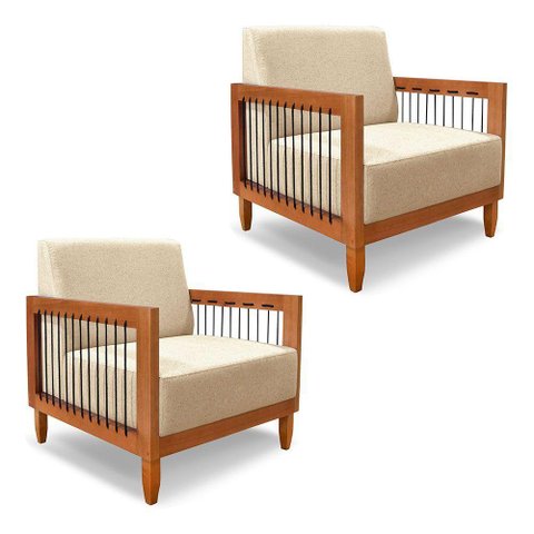 Kit 2 Poltronas Decorativa Marilia Linho Base em Madeira Castanho - Pallazio Cor Dourado