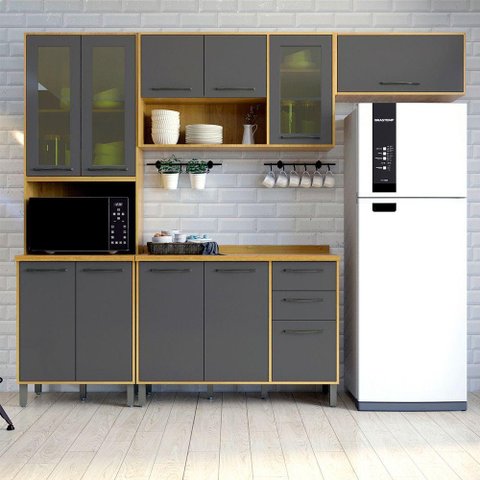 Cozinha Compacta 4 Peças Detalhe Vidro Áustria Valdemóveis Cinamomo/grafite