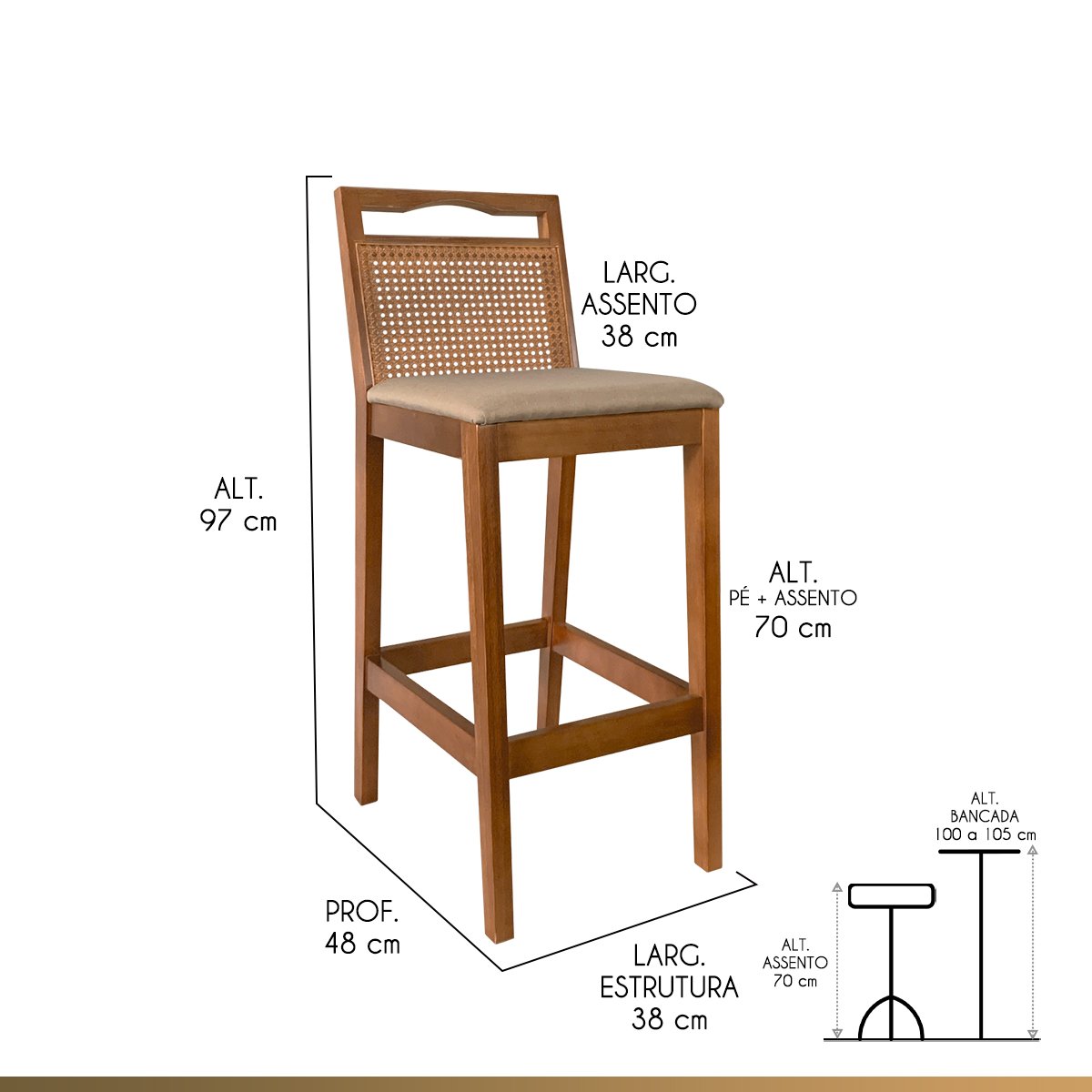 Kit 2 Banquetas para Bancada Alta de Madeira Estofada Valência Rattan Amêndoa Linho Bege Ccs - 3