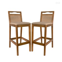 Kit 2 Banquetas para Bancada Alta de Madeira Estofada Valência Rattan Amêndoa Linho Bege Ccs - 1