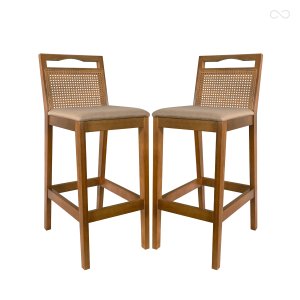 Kit 2 Banquetas para Bancada Alta de Madeira Estofada Valência Rattan Amêndoa Linho Bege Ccs
