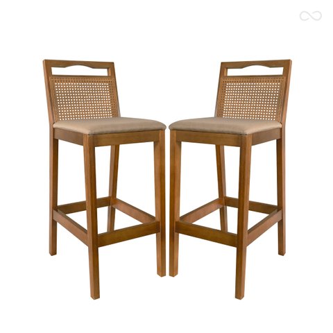 Kit 2 Banquetas para Bancada Alta de Madeira Estofada Valência Rattan Amêndoa Linho Bege Ccs
