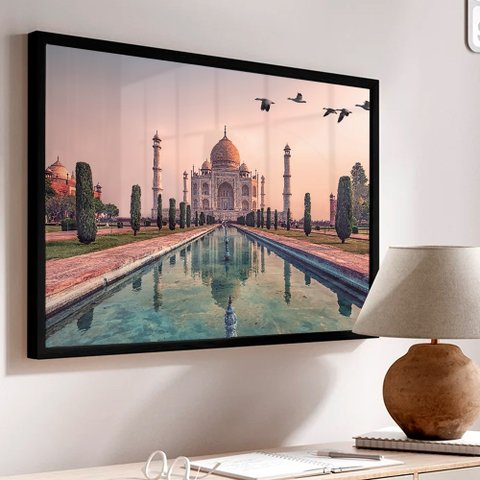 Quadro Decorativo Caixa Cidade Taj Mahal  Tacolado Moldura Caixa Alta 4,5cm Madeira sem Vidro 40 X 6