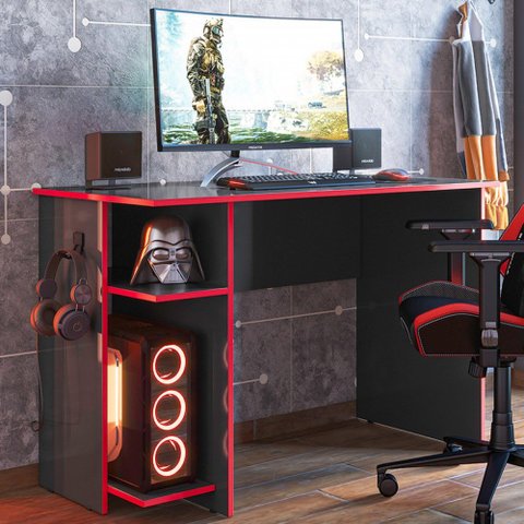 Mesa Gamer 2 Prateleiras Preto Fosco/vermelho 3875 - Qmovi