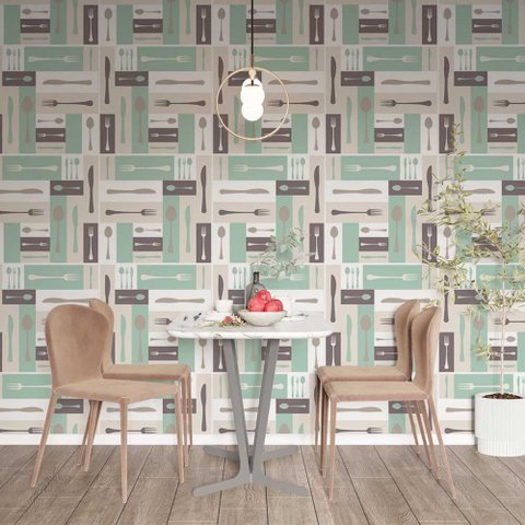 Papel de Parede Casual Talheres em Blocos Coloridos Gh Papel de Parede 3,0m