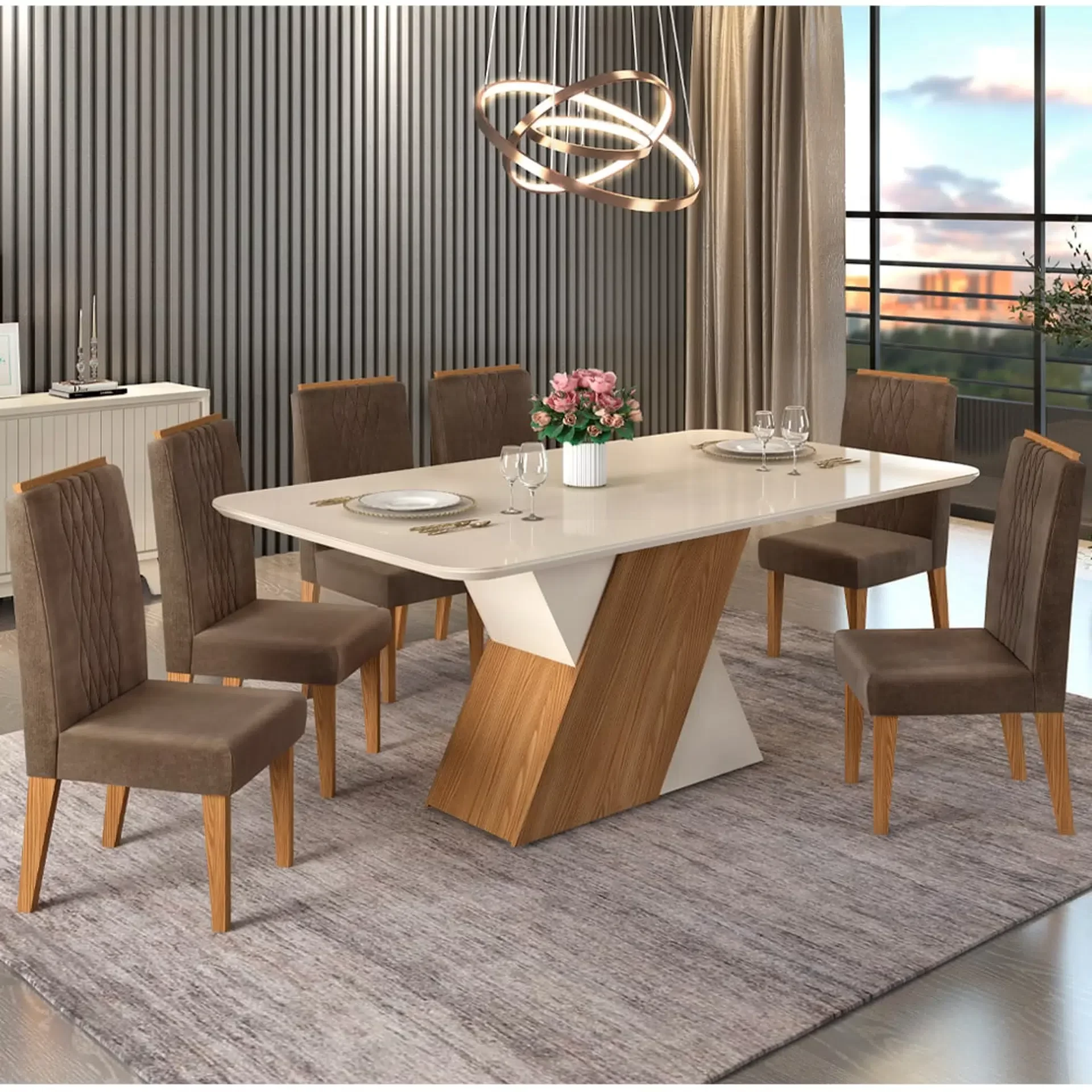 Conjunto Mesa de Jantar Áustria com Vidro e 6 Cadeiras