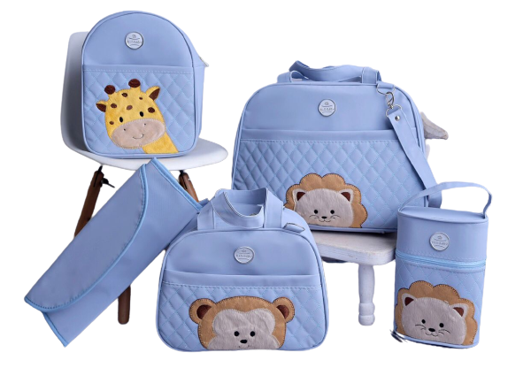 Bolsa maternidade bebê kit 5pç safari azul luxo impermeável