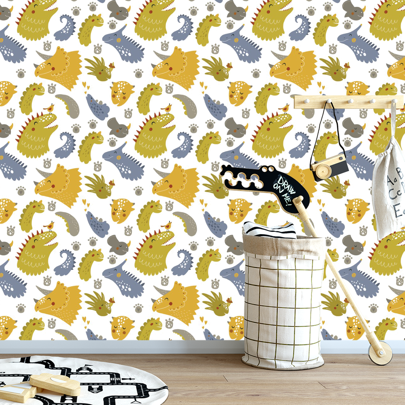 Papel de Parede Adesivo Dinossauros Amarelo Mostarda 15m - 5