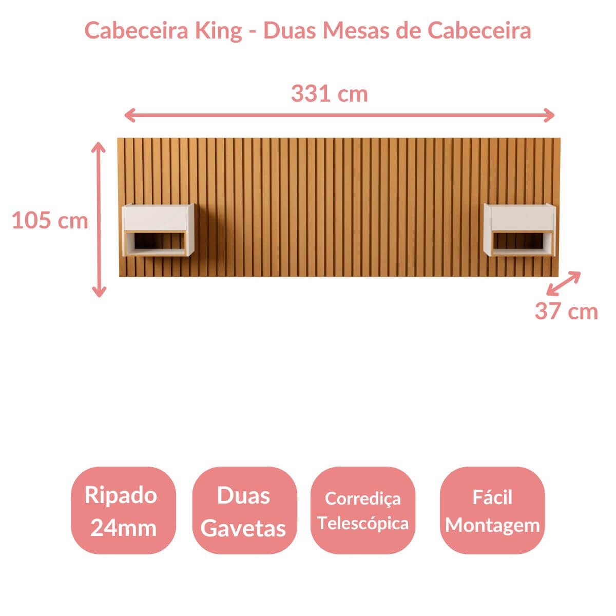 Cabeceira de King com Ripado 2 Mesas de Cabeceira Zoe - Casa Móveis Br - Nature e Perola - 5