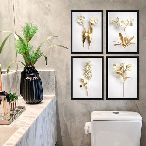Kit 4 Quadros Decorativos Flores Brancas Com dourado 33x24cm - com Vidro:madeira Preta