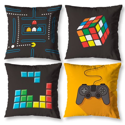 Kit 4 Capa de Almofada Estampadas Infantil 40cm X 40cm Zíper Invisível Digital Decorativa Game