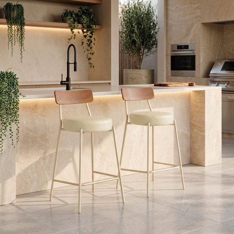 Banqueta Cozinha Alta Encosto Castanho KIT2 Industrial Champanhe Londrina PU D03 - D'Rossi