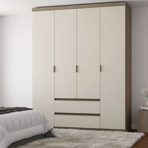 Guarda-Roupa 4 Portas 2 Gavetas 100% MDF 168cm x 230cm Nobre Off White/Rustic