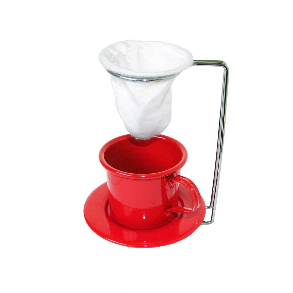 Kit Café Gourmet Xícara Pires Esmaltada Vermelho Mini Coador e Suporte Panache - 1