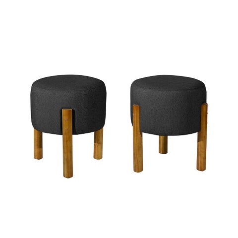 Kit com 2 Puff Luxo Redondo com Pés de Madeira Conforto e Sofisticação - Preto